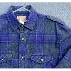 "Vintage Red" Mens Long Sleeve‎ Button Down Shirt Purple Gray Plaid Thick Cotton